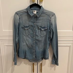 Distressed, stretched denim button down shirt